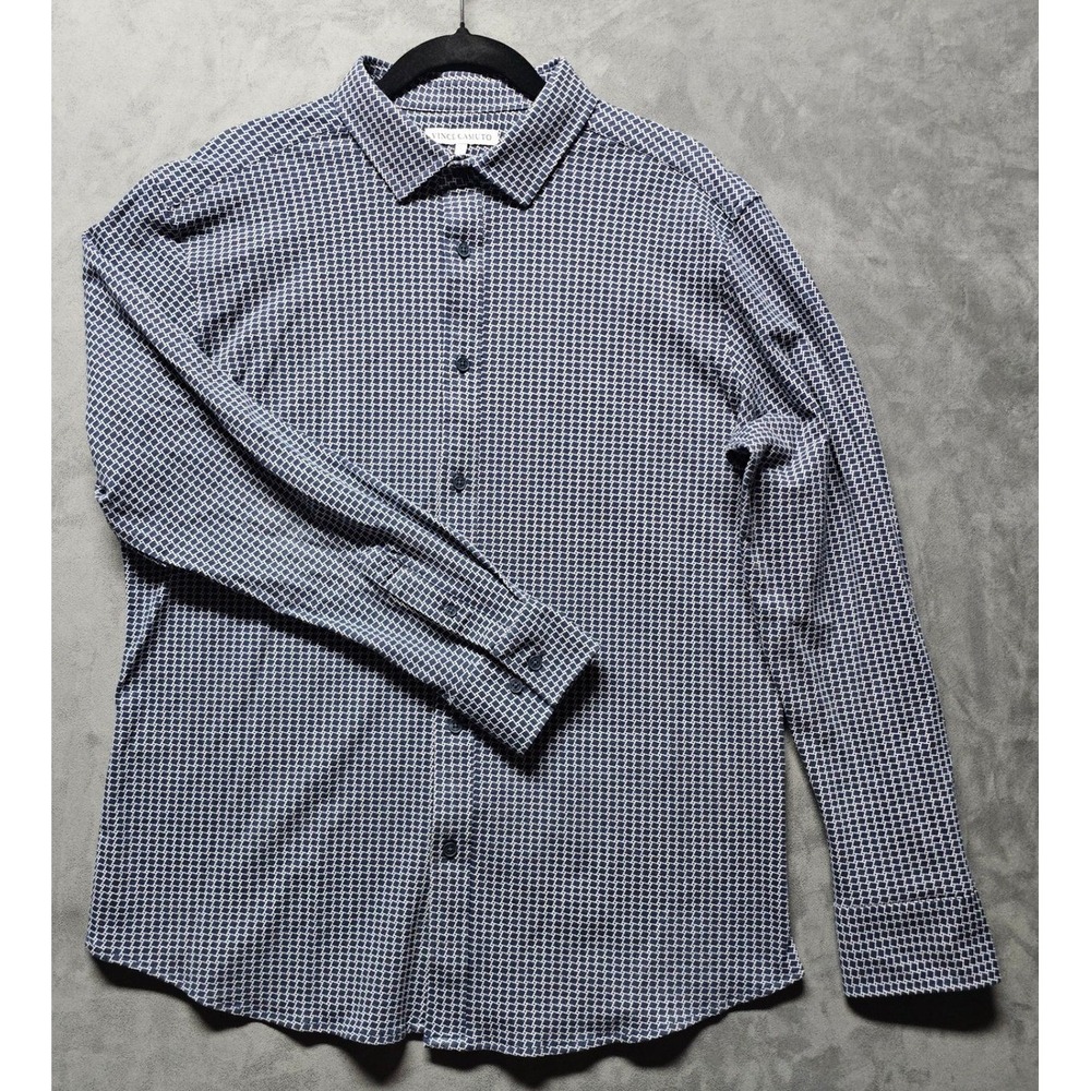 Vince Camuto Mens Navy Blue White Geometric Diamond Button Down Shirt Large L
